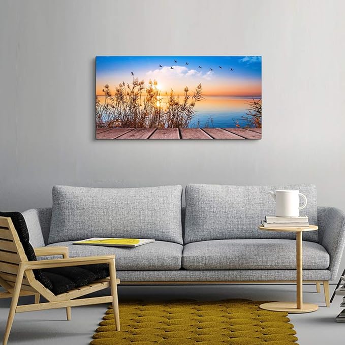 MHARTK66 Beach Sunset Wall Art Coastal Decor Seascape Canvas Prints Ocean Picture for Living Room Artwork for Walls Beach Grass Poster Landscape Painting Bedroom Wall Art Office Home Decoration 20"x 40"