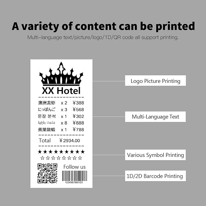 Portable BT 80mm Thermal Receipt Printer Mini Bill POS Mobile Printer with Reable Battery Port ESC/POS Compatible with Android iOS Windows for Restaurant ermarket Kitchen Office