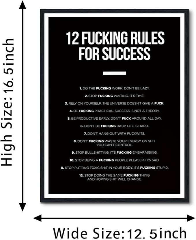 12 Fucking Rules for Success Framed Canvas Print Wall Art, Black White Motivational Poster, Success Wall Pictures for Home Office Dorm Decor, Ready to Hang, 12.5x16.5 Inches