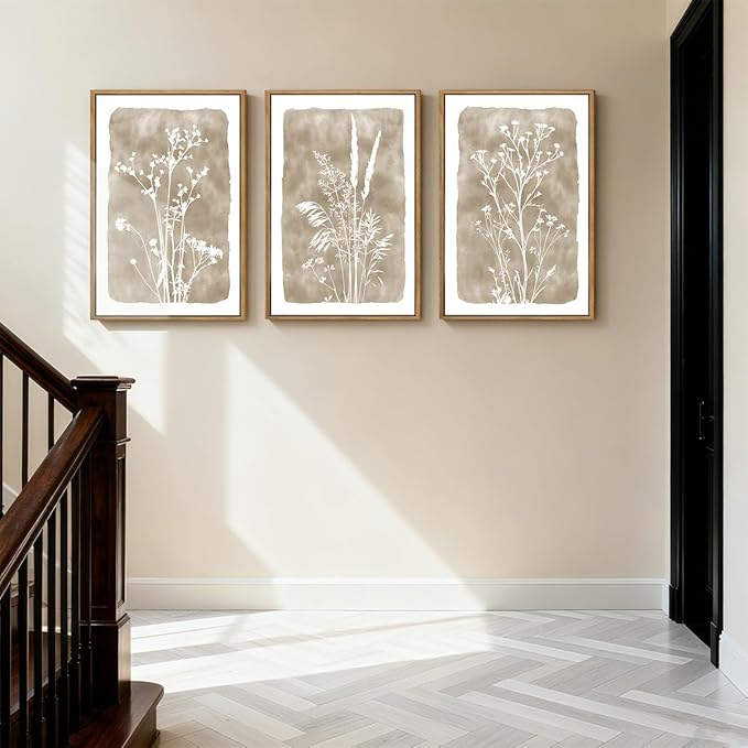 ANHUIB Beige Neutral Floral Canvas Wall Art 16x24 Inch Framed Beige Brown Botanital Wall Decor Large Rustic Farmhouse Wildflower Artwork Vintage Plant Art Prints Set of 3 for Living Room Bedroom Office