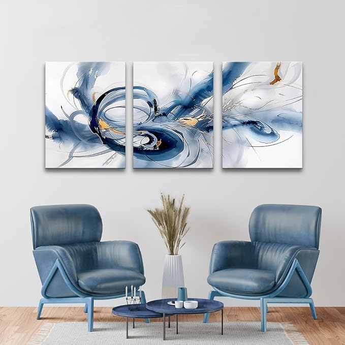 TTHYUEWS Abstract Minimalist Art - Large Canvas Wall Art for Living Room, Bedroom & Office - Blue Ink Paintings - 3 Pieces