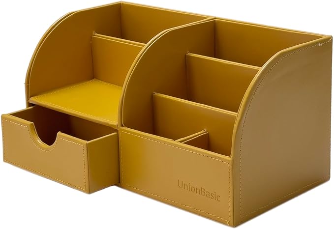 UnionBasic Desk Organizer - Multifunctional Leather Desktop Pen Holder Storage Box - Business Card/Pen/Pencil/Mobile Phone/Stationery Holder, Mineral Yellow