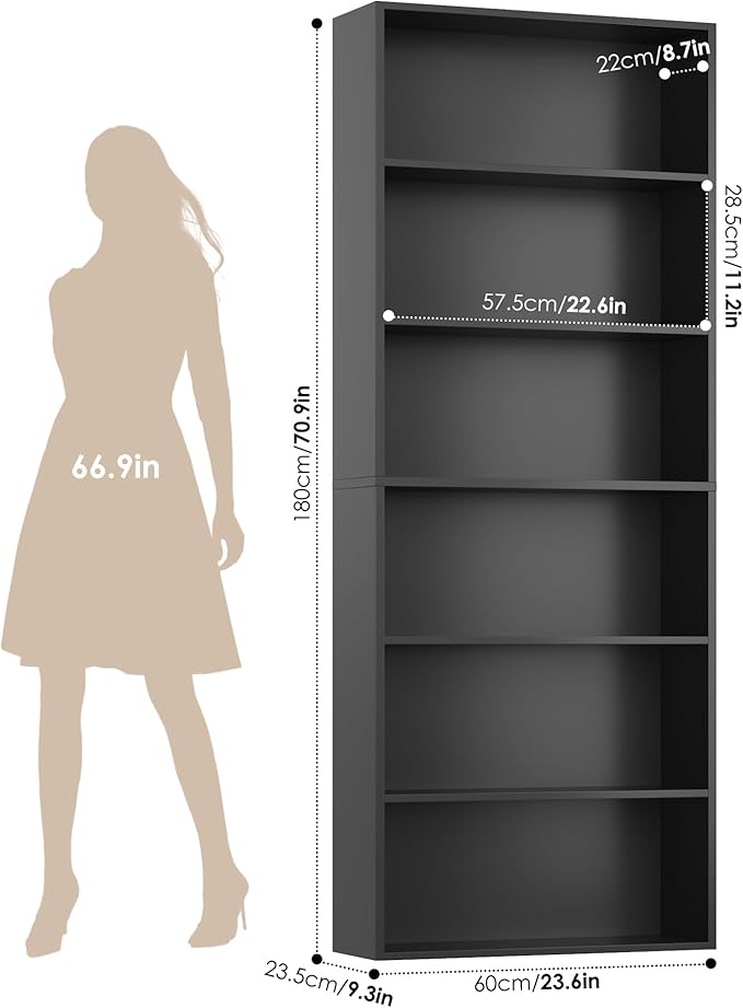 FOTOSOK 6-Tier Open Bookcase and Bookshelf, Freestanding Display Storage Shelves Tall Bookcase for Bedroom, Living Room and Office, Black