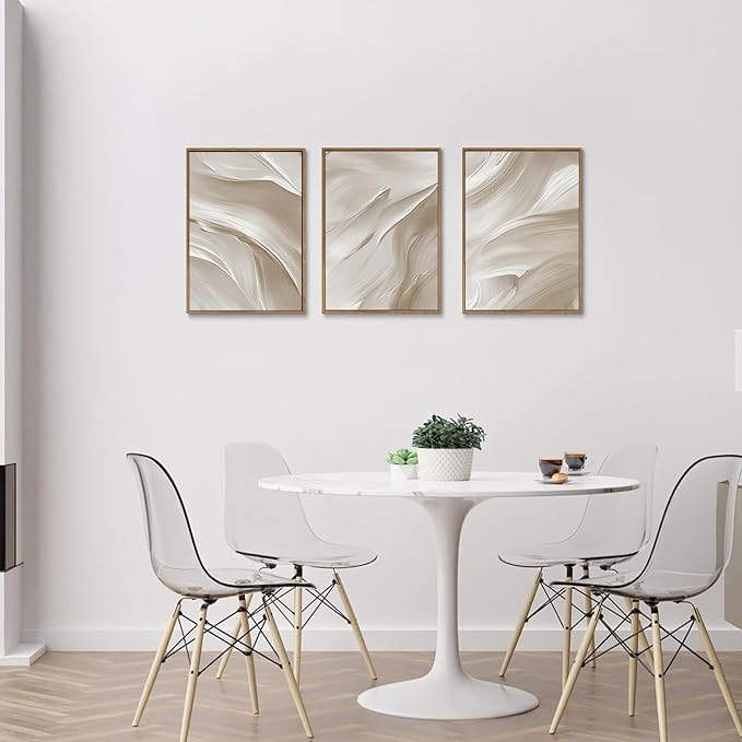 myusuar 3 Piece Large Abstract Framed Wall Art For Living Room, Smoke Texture Ink Beige White Canvas Wall Art Modern Minimalist Art Prints Wall Décor For Bedroom Office 12x16in