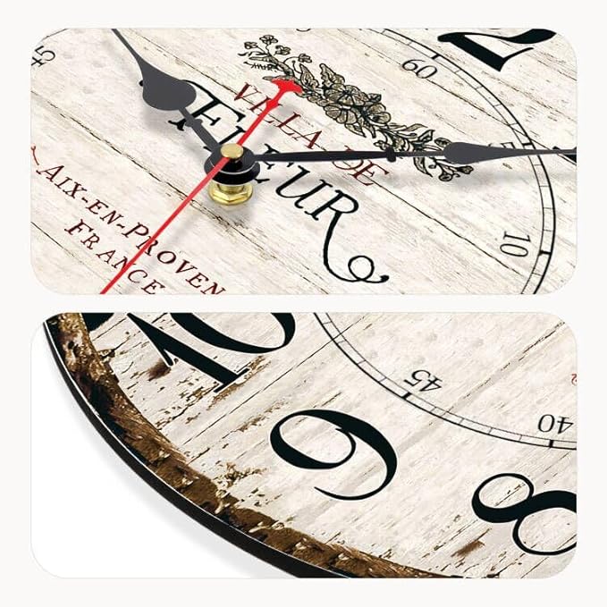 14 Inch Retro Vintage French Country Style Round Wooden Wall Clock Silent Battery Operated Non-Ticking Decorative Clock for Kitchen Farmhouse Bedroom Home Wall