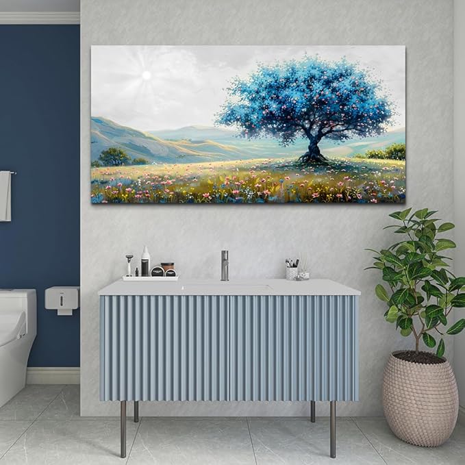 FUHAIHUA Canvas Wall Art For Living Room Modern Wall Decor For Bedroom Office Wall Decoration Pastoral Landscape Painting Blue Tree Pictures Artwork Ready To Hang Room Aesthetic Home Decor 20x40 In