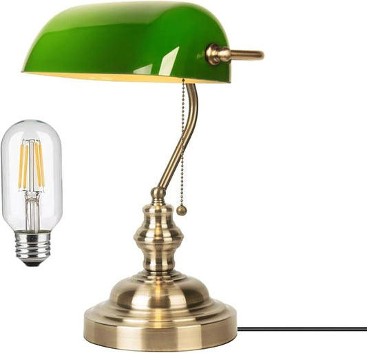 Bankers Lamp Green, Vintage Library Lamp with Pull Chain, Traditional Green Glass Desk Lamp for Home Office, Study Room, Library, LED Bulb Included