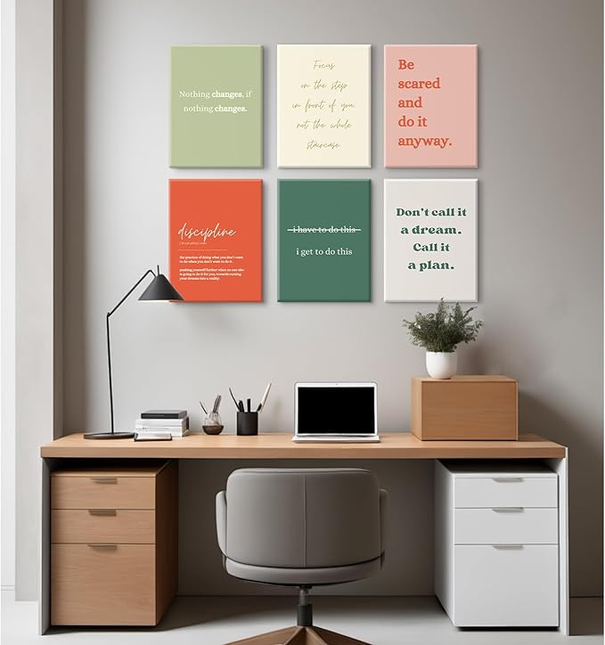 Office Wall Art Motivational Posters Inspirational Quote Canvas Wall Decor Office Positive Pictures Inspirational Classroom Art Motivational Work Prints for Gym Home 12x16 Inch Wrapped Canvas Set of 6