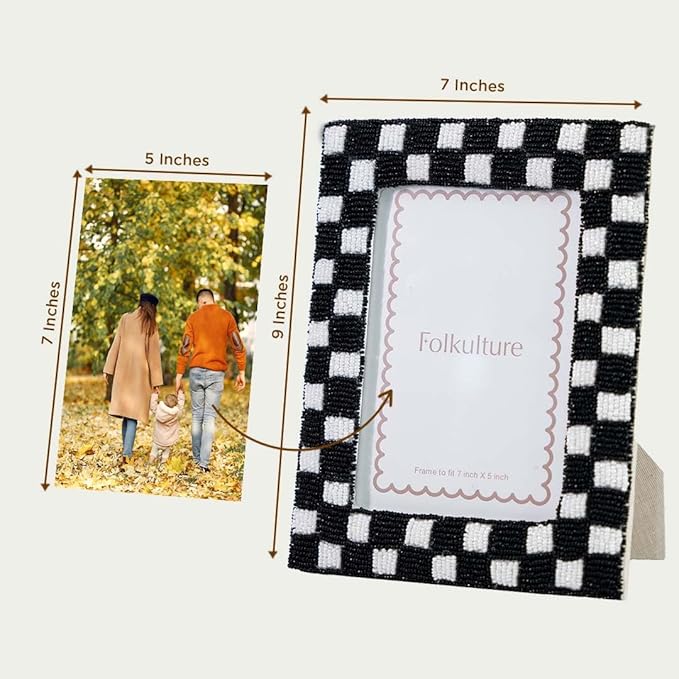 Folkulture Beaded Picture Frame for Wall or Tabletop | 5x7 B&W Checkered Modern Black & White Photo Frame with Plexiglass | Vertical & Horizontal Display | Handmade Home Décor, Housewarming