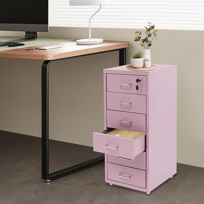6-Drawer Metal File Cabinet, Metal Filing Storage Vertical Cabinets with Lock Home Office Filing Cabinets for Organization Hanging Letter/Legal/F4/A4 (Cream Purple)