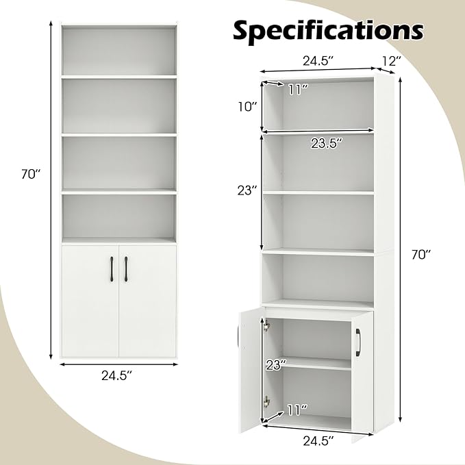 Giantex 70" Bookcase with 2 Doors, 6-Tier Modern Bookshelf w/Cabinet, Elegant Storage Cabinet, Adjustable Shelves, Multipurpose Display Rack, Storage Organizer for Living Room Bedroom Study (White)