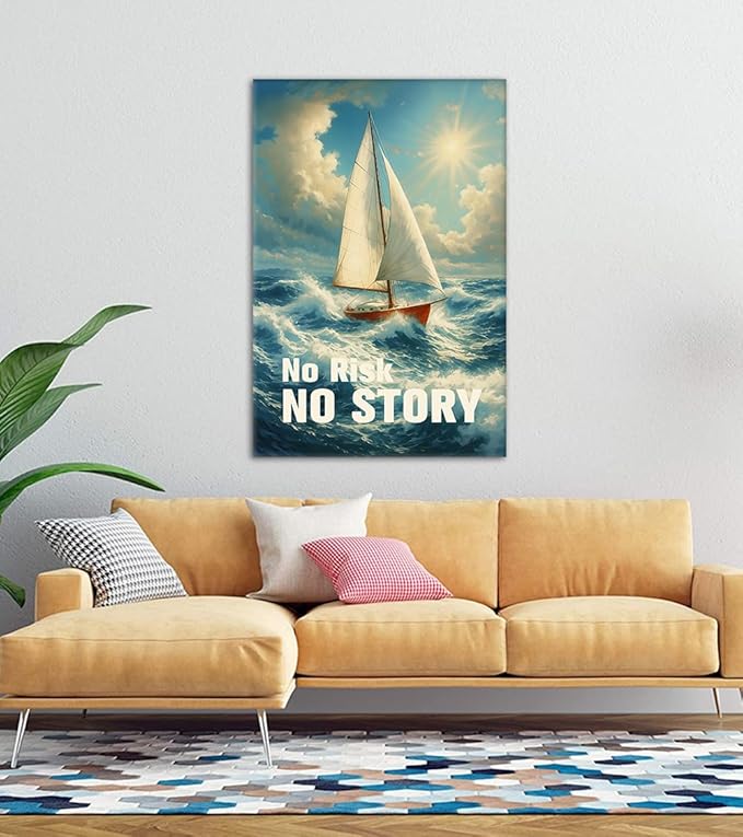 Bold Adventure Wall Art - Nautical No Risk No Story Canvas Print, Motivational Quotes Wall Decor, Inspirational Sailboat Picture Encouraging Poster Modern Artwork for Office Home, Framed 28"x44"