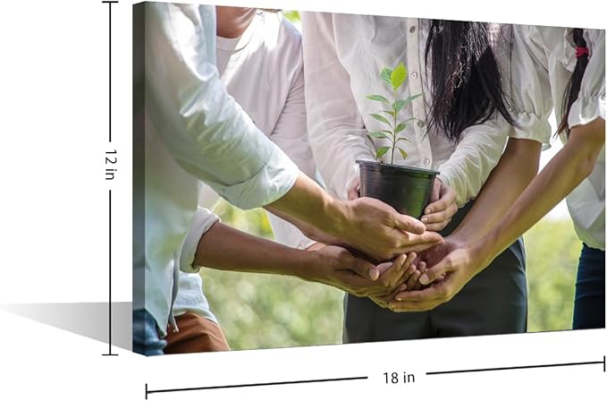 1 Panel Canvas Wall Art A Group Of People Holding Potted Plants In The Park Teamwork Concept Pictures Modern Decor Poster Canvas Print Frame Ready To Hang (12"Wx18"H)