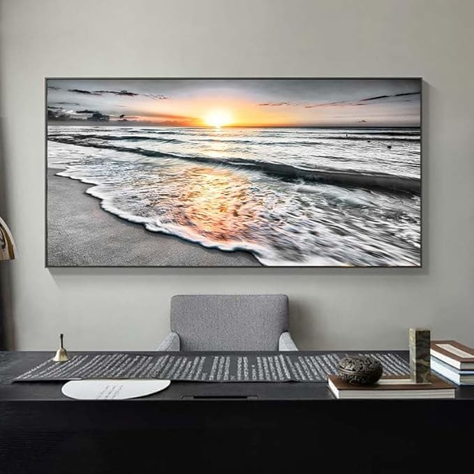 Bamdeya Large Size Wall Art Bedroom Black white Beach Wall Art Sunset Ocean Picture Painting Sea Decor Poster Office Artwork Living Room Decor Kitchen Prints Art Framed Canvas Decorations 24x48