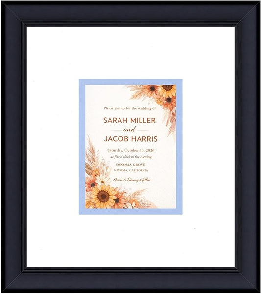 Poster Palooza Wedding Invitation Display Frame 10x11.25 in Black With White and Sky Blue Double Mat for 4.25x5.5 A2 Keepsake | USA Made