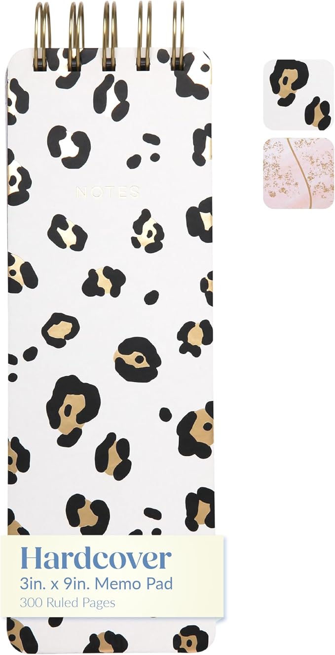 WORLD TRAVELER Eccolo Tall Spiral Memo Pad, 300 Pages, 150 Sheets, Double Spiral Binding, Office Essentials for Work, List Notepad for Students, Class and Shopping, Leopard (3x8.5 inches)