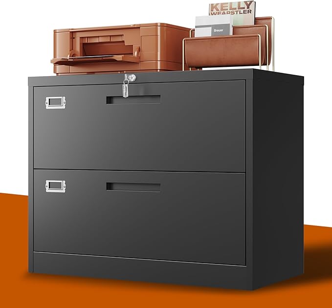 2 Drawer Lateral File Cabinet Metal Filing Cabinet with Lock Office Home Steel Lateral File Cabinet for A4 Legal/Letter Size Lockable Wide Metal Cabinet,Assembly Required(2 Drawer, Black)