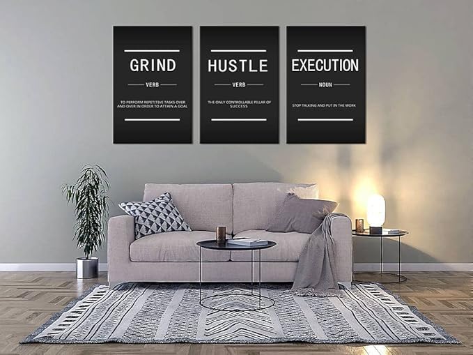 3 Pieces Grind Verb Hustle Verb Execution Noun Inspirational Wall Art Canvas Print Office Decor Inspiring Framed Prints Motivational Quotes for Wall Art Living roomDecor Ready to Hang[72''Wx 36''H]