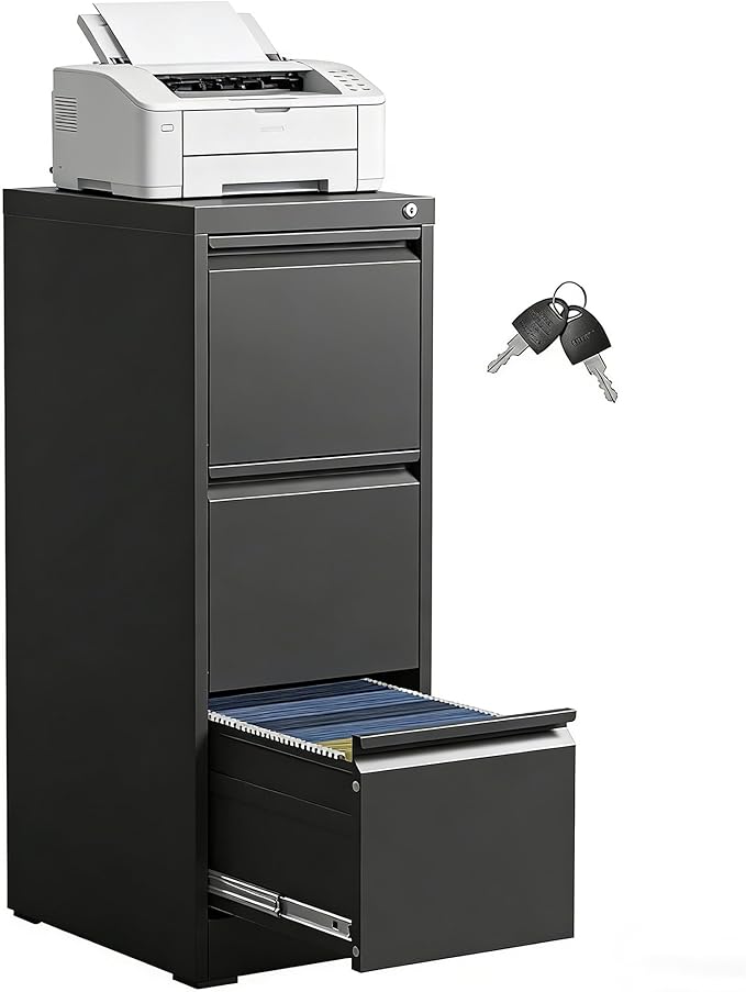 3 Drawer File Cabinet with Lock, Vertical Metal Filing Cabinet for Home Office, Locking File Cabinets for Legal/Letter Size Hanging File Folders (Black)