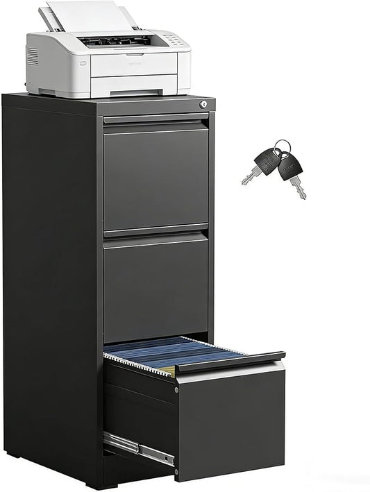 3 Drawer File Cabinet with Lock, Vertical Metal Filing Cabinet for Home Office, Locking File Cabinets for Legal/Letter Size Hanging File Folders (Black)