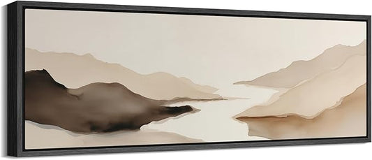 SIGNFORD Large Framed Canvas Print Wall Art Abstract Neutral Mountain Lake Landscape Illustrations Modern Art Calm Warm for Living Room, Bedroom, Office - 60"x20"