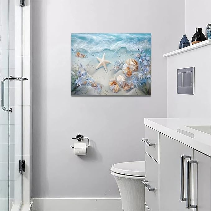yerretin Beach Seashell Bathroom Wall Art Coastal Starfish Pictures Wall Decor Modern Home Canvas Painting Decorations Artwork for Living Room Bedroom Office Framed, 16"x12"