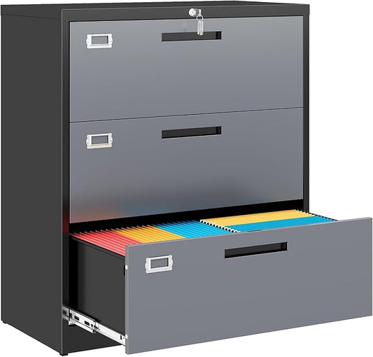 Metal 3 Drawer Lateral File Cabinet with Lock, Wide&Deep Filing Cabinet for Letter/Legal/F4/A4 Hanging Files, Includes Business Card Holder, Home Office School Storage