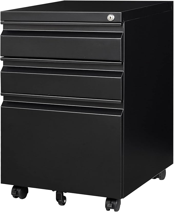 Yizosh 3 Drawer Mobile File Cabinet with Lock, Black Under Desk Rolling Filing Cabinet, Metal Locking File Cabinet on Wheels for Legal/Letter/A4 File (Required Assemble)