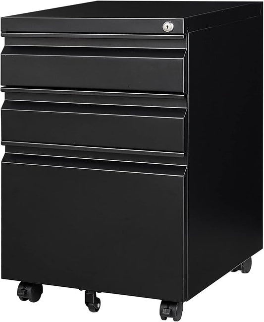 Yizosh 3 Drawer Mobile File Cabinet with Lock, Black Under Desk Rolling Filing Cabinet, Metal Locking File Cabinet on Wheels for Legal/Letter/A4 File (Required Assemble)