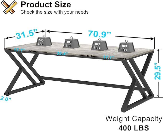 HSH 70.8 Modern Office Desk, Large Long Wood Metal Computer Desk, Industrial Double Executive Desks for Two People, Rustic PC Workstation Work Study Writing Computer Table for Home, Light Grey Oak
