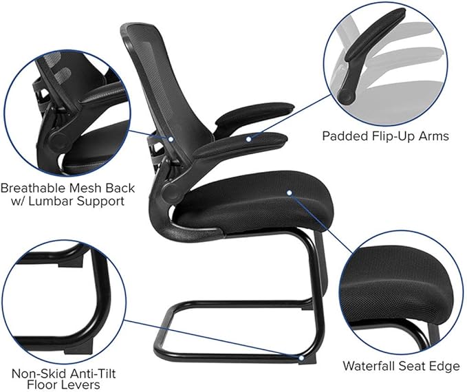 Flash Furniture Kelista Black Mesh Sled Base Side Reception Chair with Flip-Up Arms