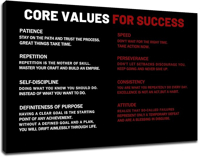 Core Values for Success Motivational Canvas Wall Art Inspirational Office Artwork for Bedroom Entrepreneur Quotes Poster Print for Home Gym Wall Decoration Ready to Hang [18''Wx12''H]
