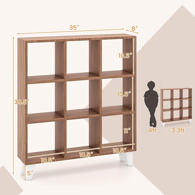 Tangkula 9-Cube Bookcase, Freestanding 3-Tier Bookshelf with 6 Removable Shelves, Open Back DIY Storage Organizer with Raised Support Feet for Living Room Study Office (1, Brown)