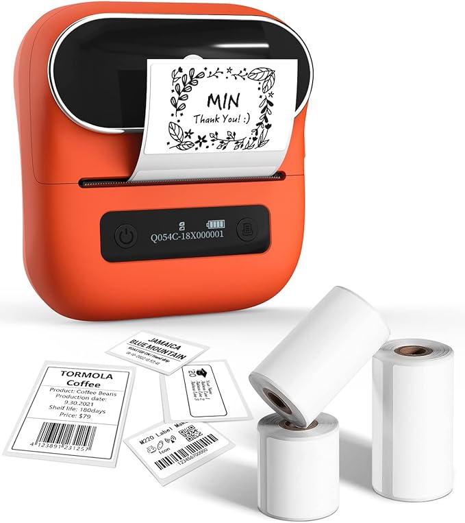 Phomemo M220 Label Maker Orange & 1 Roll Transparent Thermal Label 1.96"x1.18"(50x30mm), Upgrade 3 Inch Barcode Portable Printer, for Office & Small Business, Compatible with Phones&PC