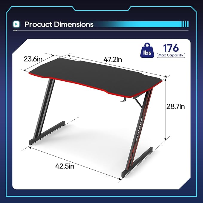 BestOffice Gmaing Desk Z Shaped 47 inch PC Computer Desk Computer Workstation Ergonomic Gaming Table with Headphone Hook for Game Players, Black&Red