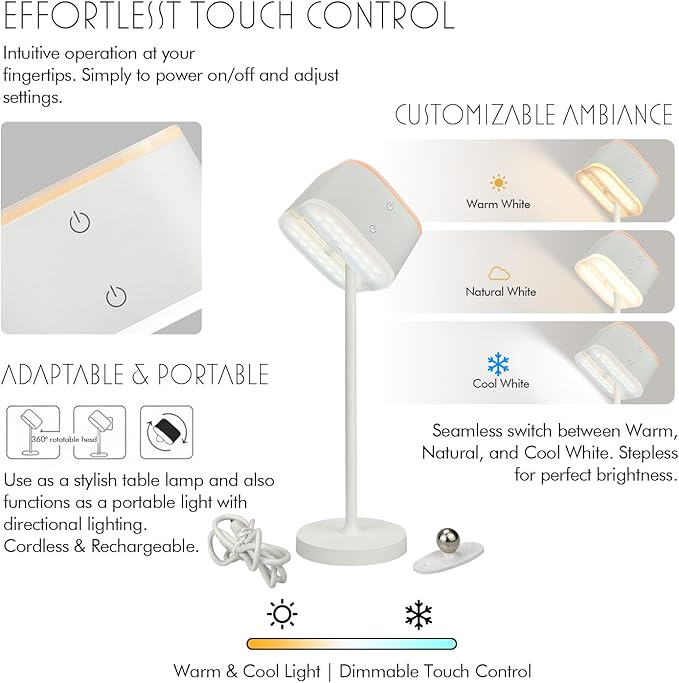 2 Pack Cordless Table Lamps, Rechargeable Touch Lamps for Nightstand & Dining Table, 3 Color Temps 3000K-6500K, Dimmable, Dual-Tone Design, USB-C Portable Bedside Lights, Set of 2, White
