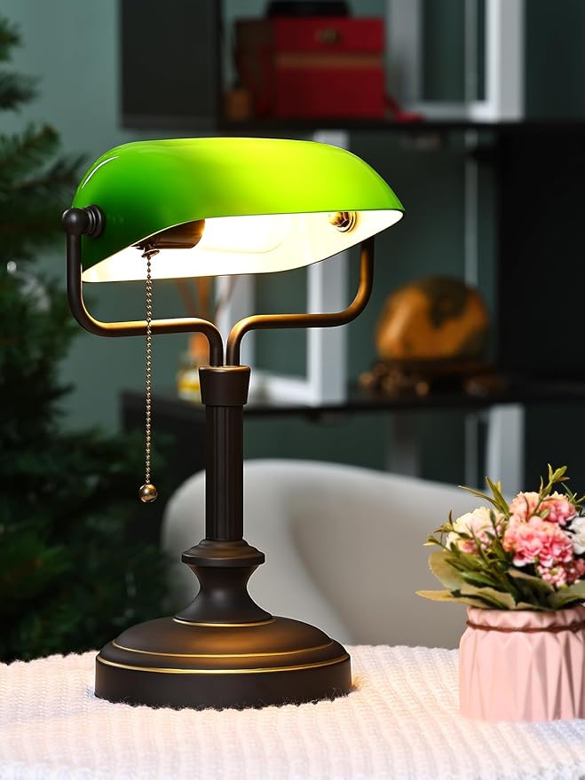 Traditional Banker's Desk Lamp with Glass Shade,Pull Chain Switch, LED Bulb Included (Antique Black+Green)