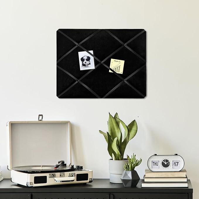 Black Fabric Memo Bulletin Board, 23.6x17.7 inches Velvet Pin Board for Wall, Vision Board Message Board Cork Board with Criss-Cross Ribbons for Home Office School Wall Decor(BK Velvet,4560)