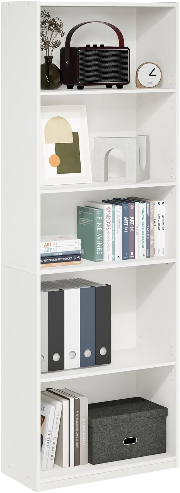 Furinno GEHRY Book Shelf, 5-Tier Bookshelf with Open Shelf, Standing Bookcase with Adjustable Shelves, 11.6 x 24.8 x 71.4, for Living Room, Bedroom, Home Office, White
