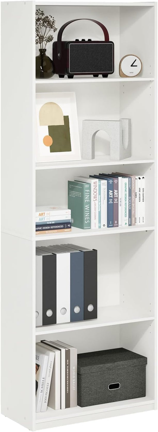 Furinno GEHRY Book Shelf, 5-Tier Bookshelf with Open Shelf, Standing Bookcase with Adjustable Shelves, 11.6 x 24.8 x 71.4, for Living Room, Bedroom, Home Office, White
