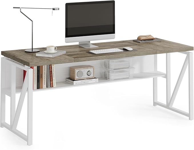 LITTLE TREE 63-Inch Executive Office Desk, Large Computer Desk with Storage Shelf, Executive Desk with Metal Frame, Thickened Desktop, Study Writing Desk Work Station for Home Office, Grey + White