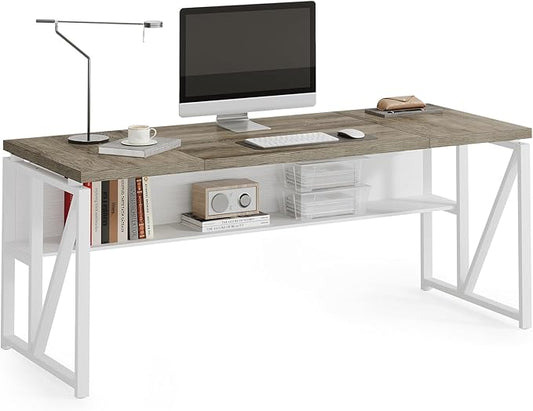 LITTLE TREE 63-Inch Executive Office Desk, Large Computer Desk with Storage Shelf, Executive Desk with Metal Frame, Thickened Desktop, Study Writing Desk Work Station for Home Office, Grey + White