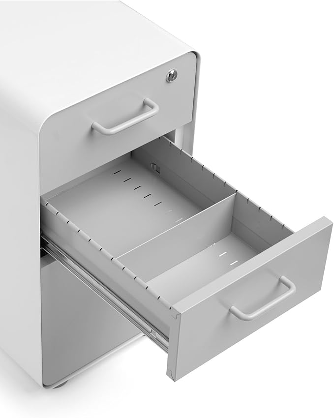 Poppin White + Gray Slim Stow 3-Drawer Rolling File Cabinet, One Lock Secures All Drawers, Durable Powder-Coated Steel Construction, Stay Organized and Keep Documents Safe, 12.5" x 20" x 25"