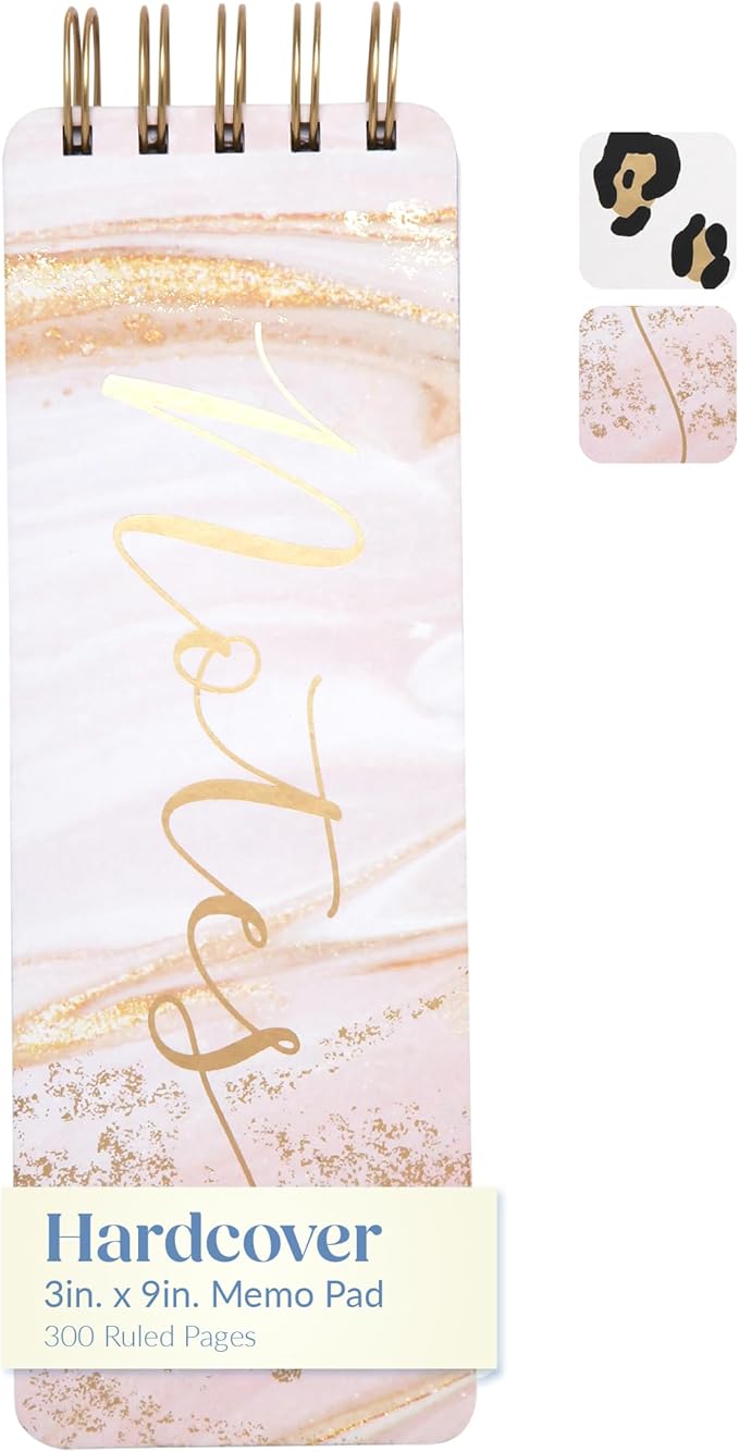 Eccolo Tall Spiral Memo Pad, 300 Pages, 150 Sheets, Double Spiral Binding, Office Essentials for Work, List Notepad for Students, Class and Shopping, Gold Foil (Pink Marble, 3x8.5 inches)
