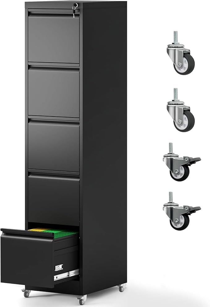 5 Drawer File Cabinet with Wheels, Metal Mobile Filing Cabinets with Lock, Vertical File Cabinet for Home Office, Rolling Storage Cabinet for A4/Letter/Legal Size File, Assembly Required, Black