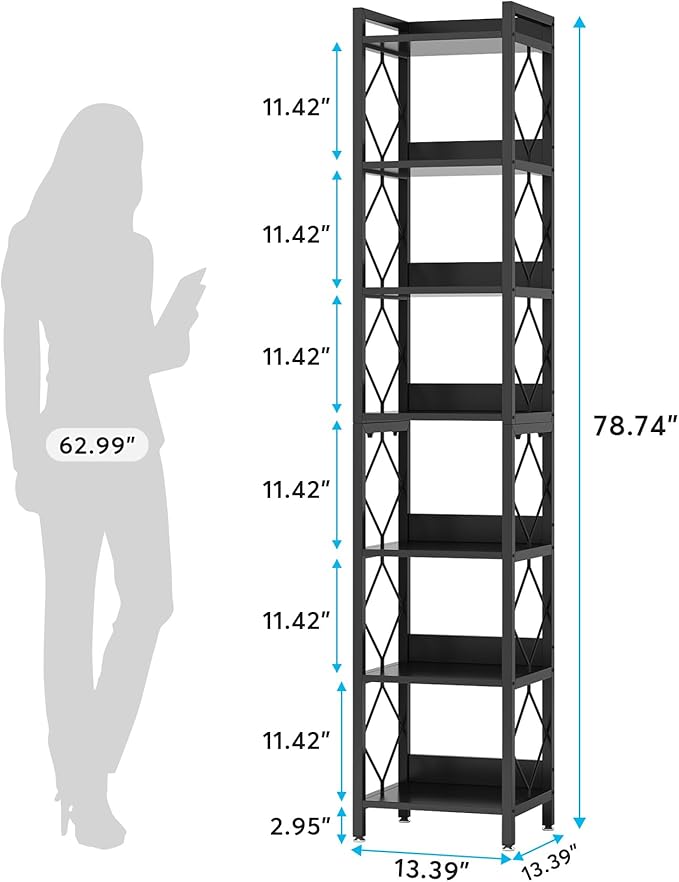 Tribesigns 78.7 Inch Extra Tall Narrow Bookshelf Set of 2, 7 Tier Skinny Bookcase for Small Spaces, Freestanding Display Shelves, Multifunctional Corner Storage Organizer for Home Office, Black