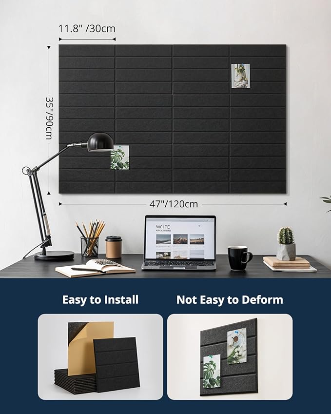 Large Cork Board, 12 Pack 12"X12"X0.4" Felt Bulletin Board Tiles with Self Adhesive for Wall Home Office Decor, Pin Cork Boards-Black