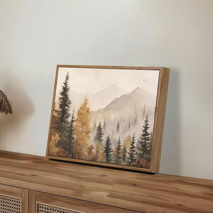 OIQArtOIQ Vintage Framed Wall Art Autumn Mountain Landscape Canvas Art Prints Fall Forest Rustic Farmhouse Pictures Wall Decor Modern Cottagecore Paintings Artwork For Bedroom Bathroom Living Room