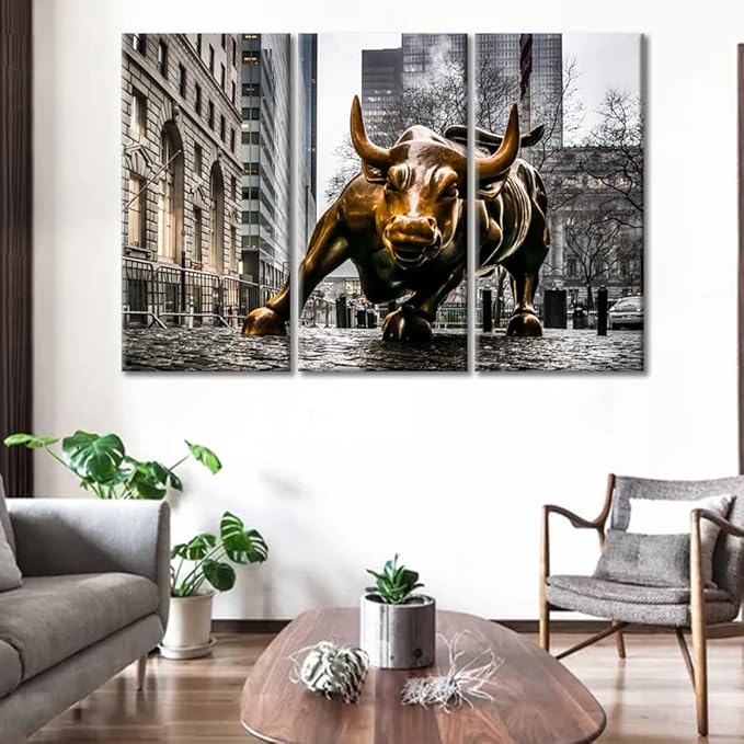 Wall Art for Living Room Bedroom 3 Pieces Wall Street Copper Bull Artwork Bull Poster Modern Wall Decor for Living Room Bedroom Study Room Office With Wood Framed - 42" Wx28 H