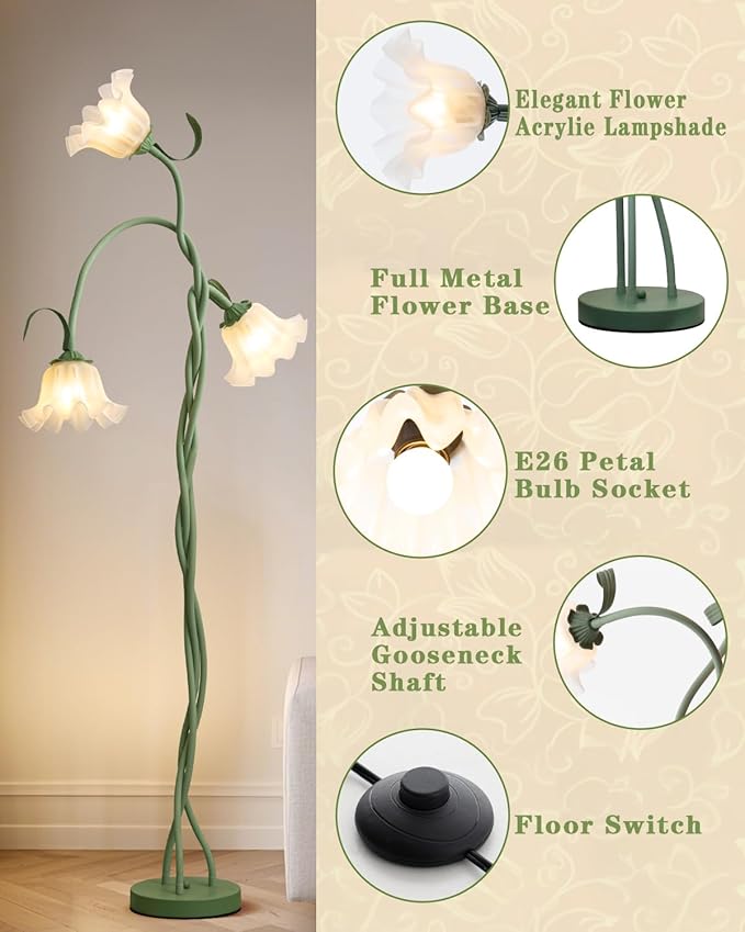 Flower Standing Lamp for Bedroom, Cute Floor Lamp with Flexible Neck, Bulbs Included, 3 Color Temperatures Vintage Tall Reading Lamp for Home Living Room Corner (Green)